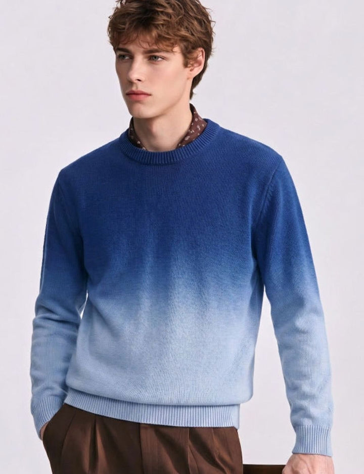 Men's Fine Knit Crewneck Sweater Ombre Dip-Dye Regular Fit - Ocean Blue