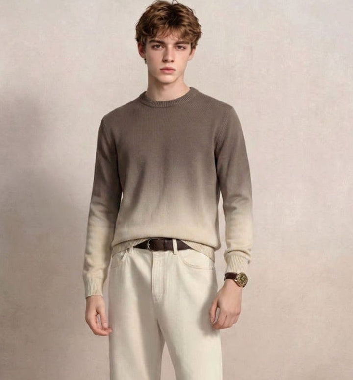 Men's Fine Knit Crewneck Sweater Ombre Dip-Dye Regular Fit - Khaki