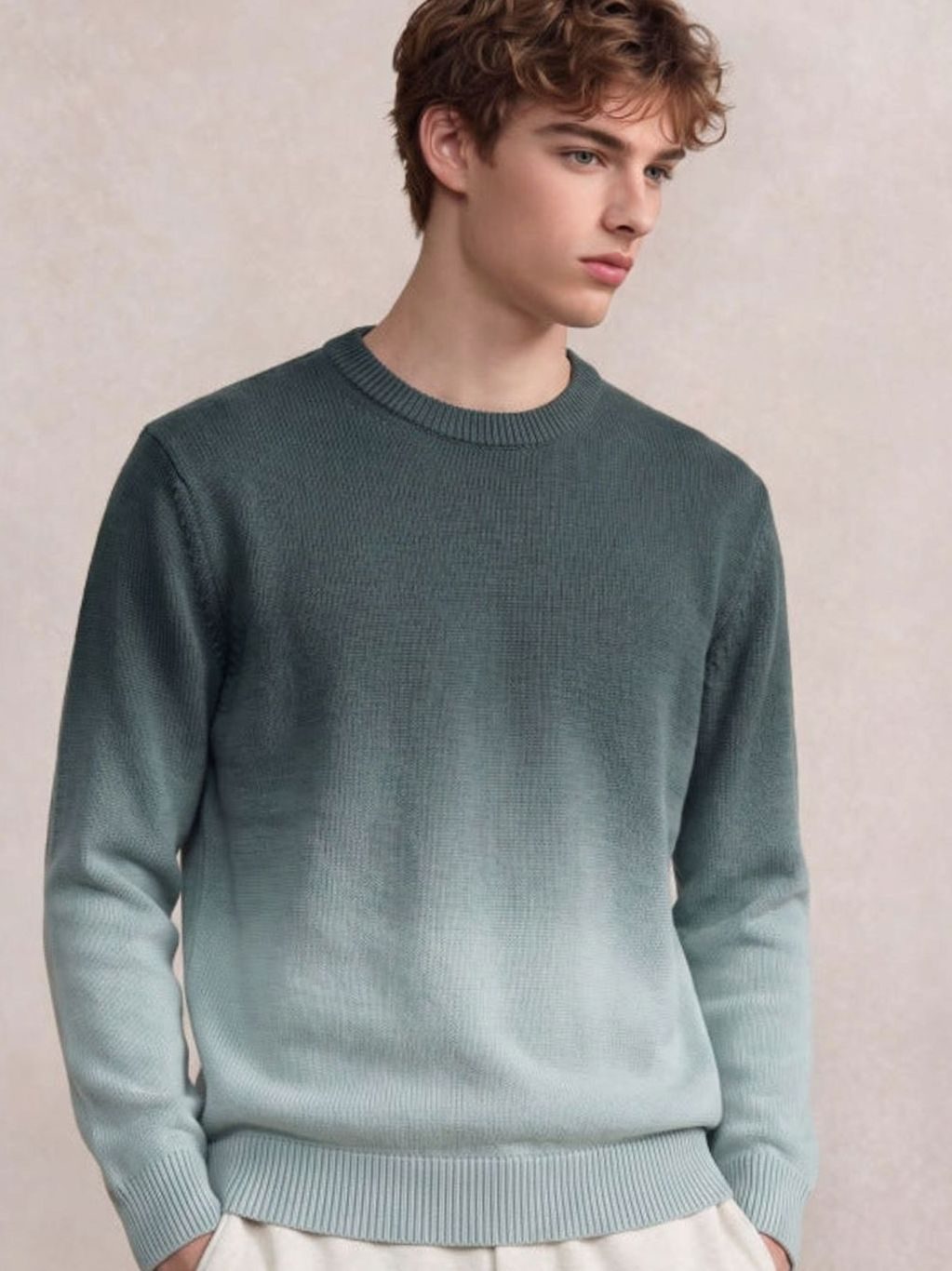 Men's Fine Knit Crewneck Sweater Ombre Dip-Dye Regular Fit - Shades of Green