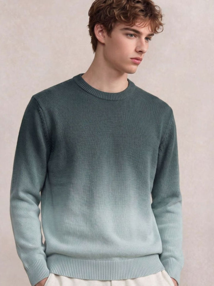 Men's Fine Knit Crewneck Sweater Ombre Dip-Dye Regular Fit - Shades of Green