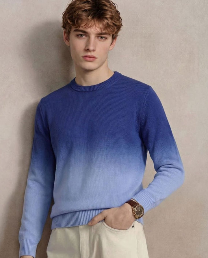 Men's Fine Knit Crewneck Sweater Ombre Dip-Dye Regular Fit - Royal Blue