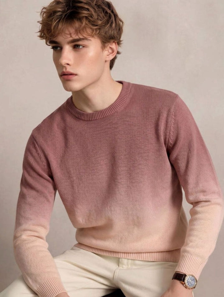 Men's Fine Knit Crewneck Sweater Ombre Dip-Dye Regular Fit - Light Brown