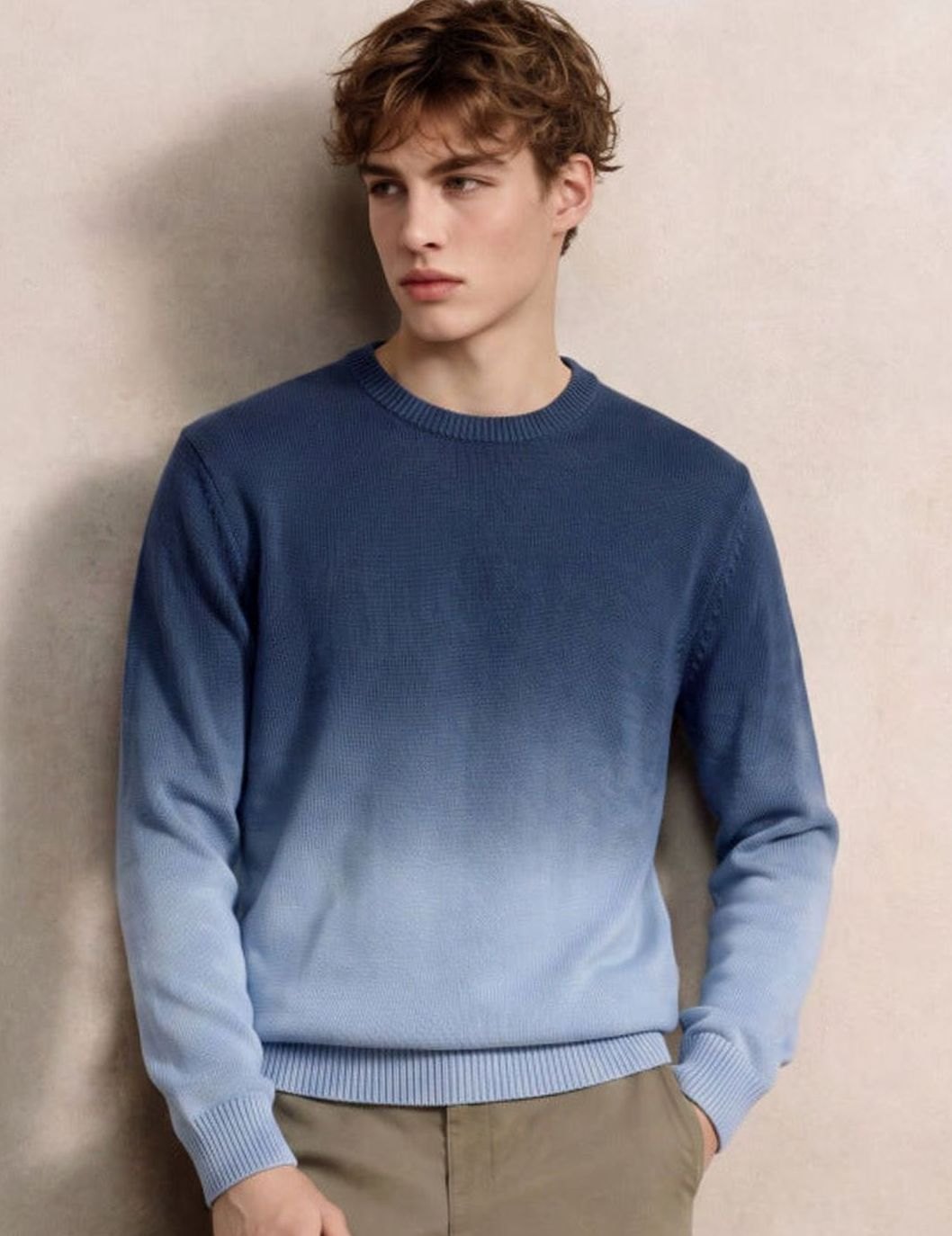 Men's Fine Knit Crewneck Sweater Ombre Dip-Dye Regular Fit - Dark Blue
