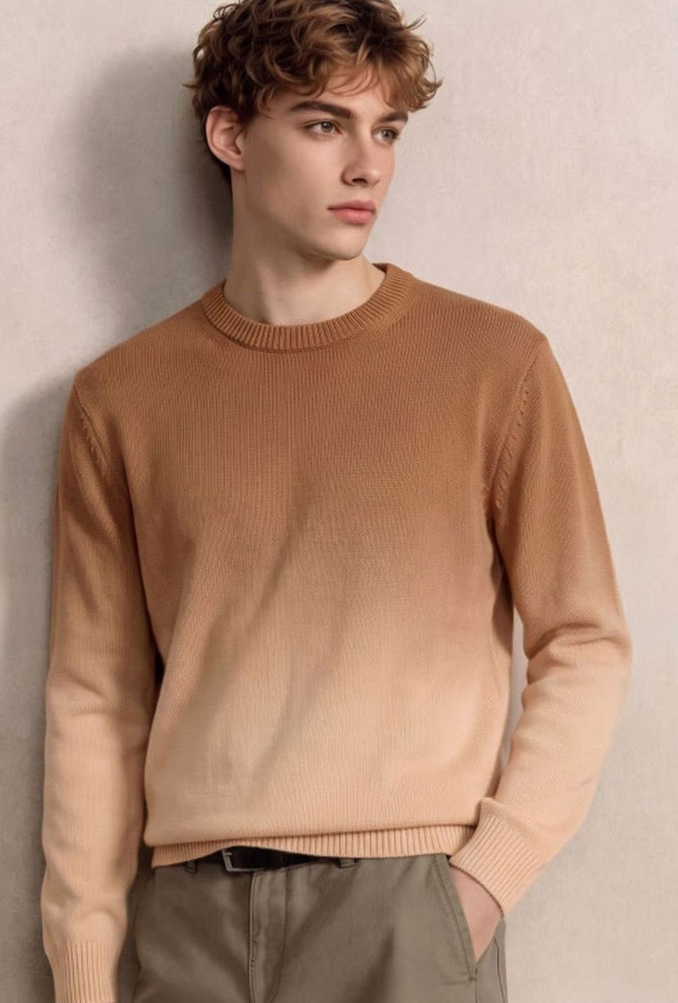 Men's Fine Knit Crewneck Sweater Ombre Dip-Dye Regular Fit - Brown Yellow