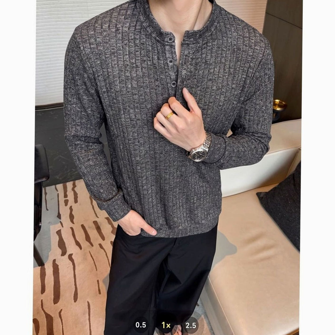 Men's Fine-Knit Henley Long-Sleeve Stand-Collar Shirt - White