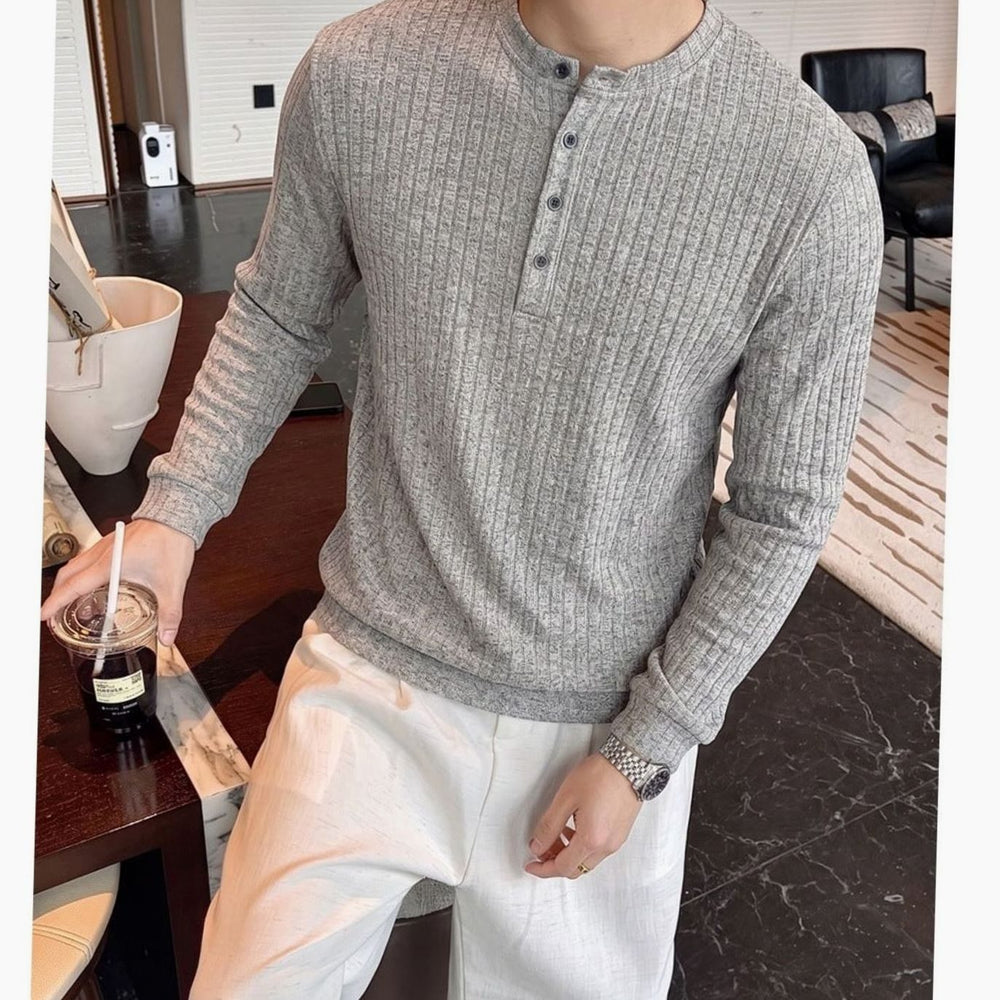 Men's Fine-Knit Henley Long-Sleeve Stand-Collar Shirt