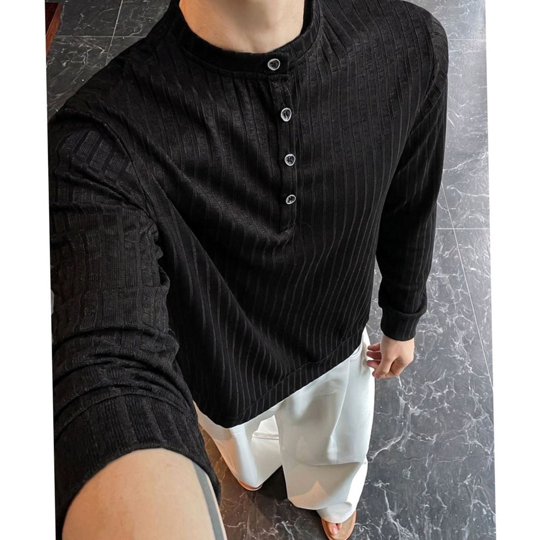 Men's Fine-Knit Henley Long-Sleeve Stand-Collar Shirt