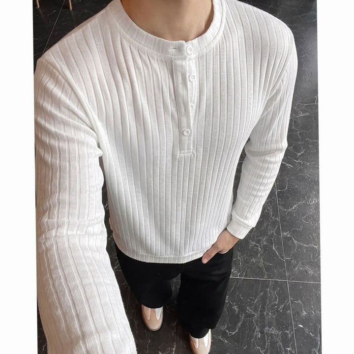 Men's Fine-Knit Henley Long-Sleeve Stand-Collar Shirt