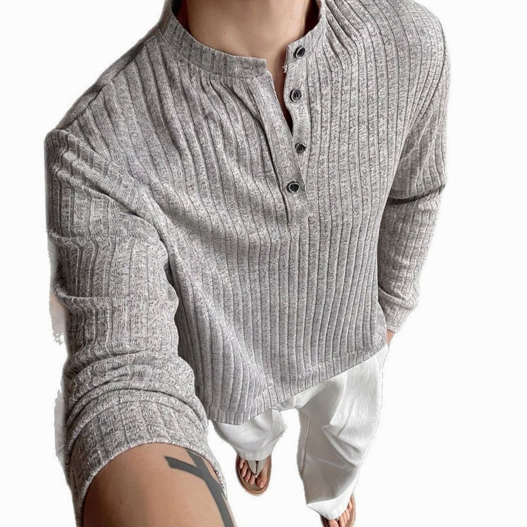Men's Fine-Knit Henley Long-Sleeve Stand-Collar Shirt