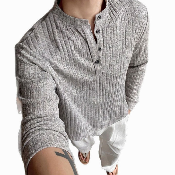 Men's Fine-Knit Henley Long-Sleeve Stand-Collar Shirt