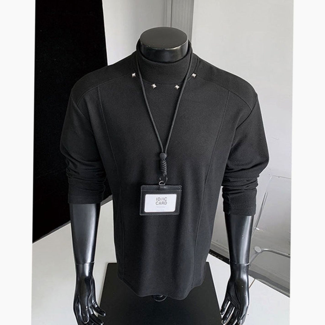 Men's Fine-Knit Mock-Neck Sweater Metal Rivet Slim Fit - CQ927 Black
