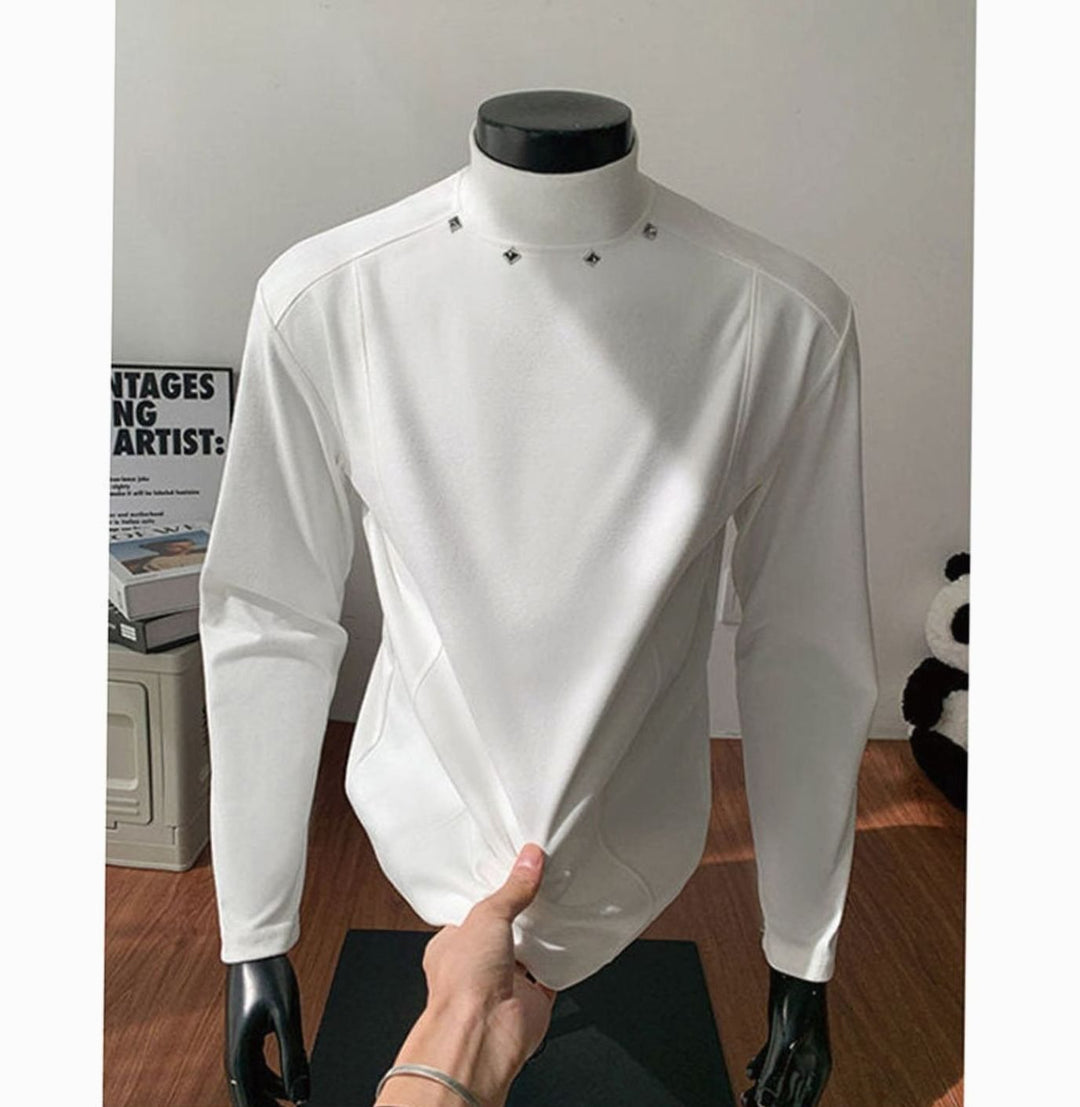 Men's Fine-Knit Mock-Neck Sweater Metal Rivet Slim Fit - CQ927 White