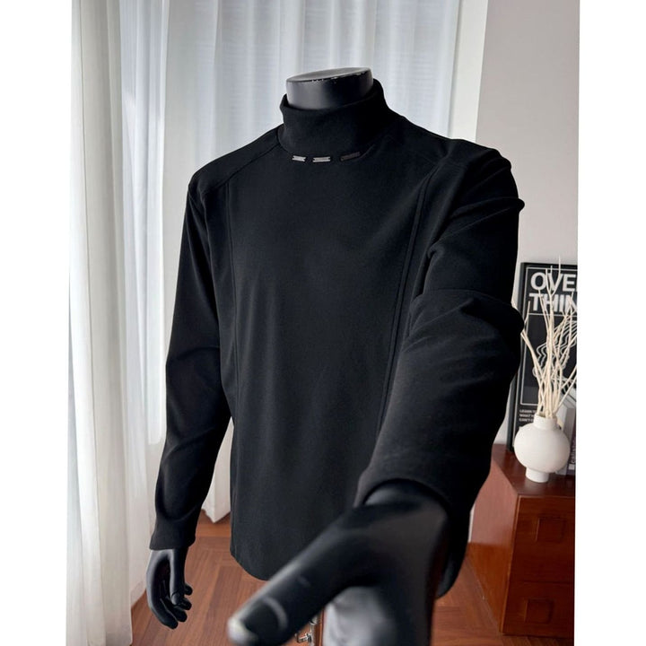 Men's Fine-Knit Mock-Neck Sweater Metal Rivet Slim Fit - CQ928 Black