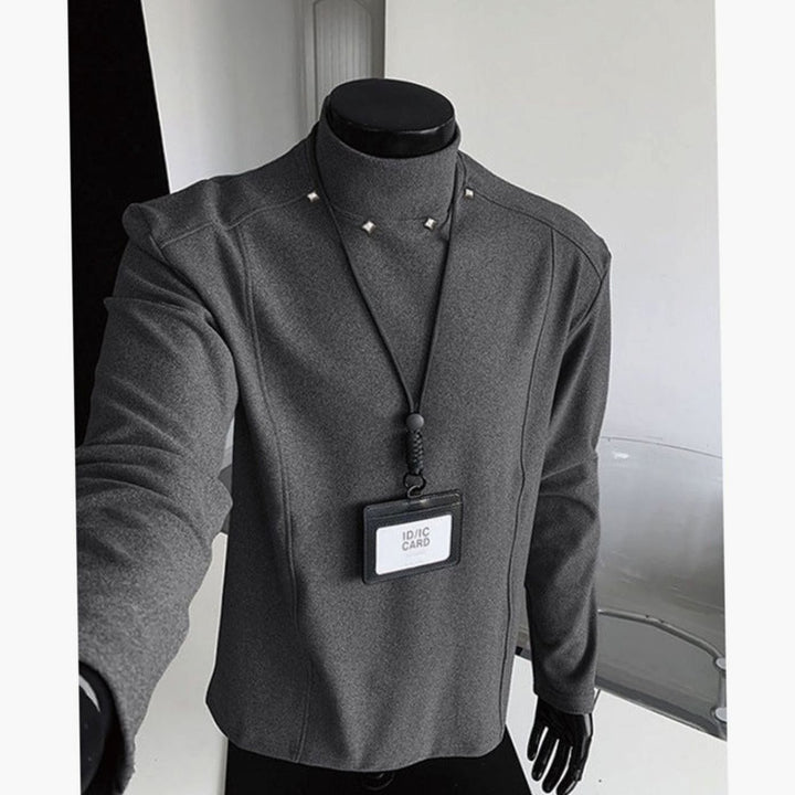 Men's Fine-Knit Mock-Neck Sweater Metal Rivet Slim Fit - CQ927 Dark Gray