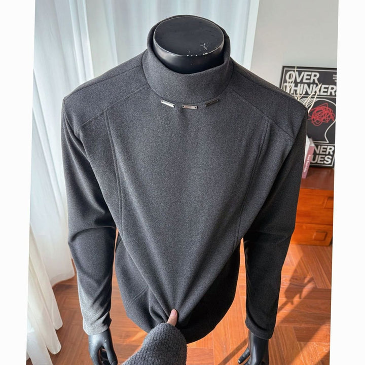Men's Fine-Knit Mock-Neck Sweater Metal Rivet Slim Fit - CQ928 Dark Gray