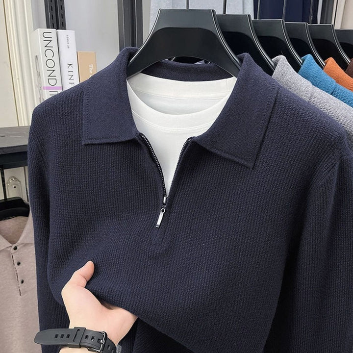 Men's Fine-Knit Quarter-Zip Polo Collar Sweater - Teal