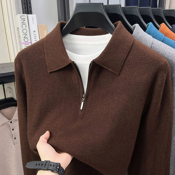 Men's Fine-Knit Quarter-Zip Polo Collar Sweater - Dark Brown