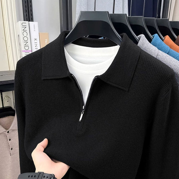Men's Fine-Knit Quarter-Zip Polo Collar Sweater - Black