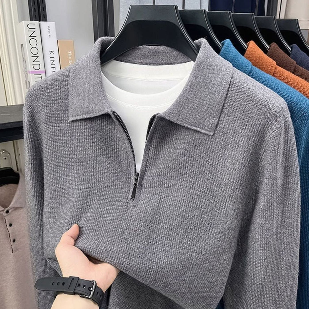 Men's Fine-Knit Quarter-Zip Polo Collar Sweater - Dark Gray