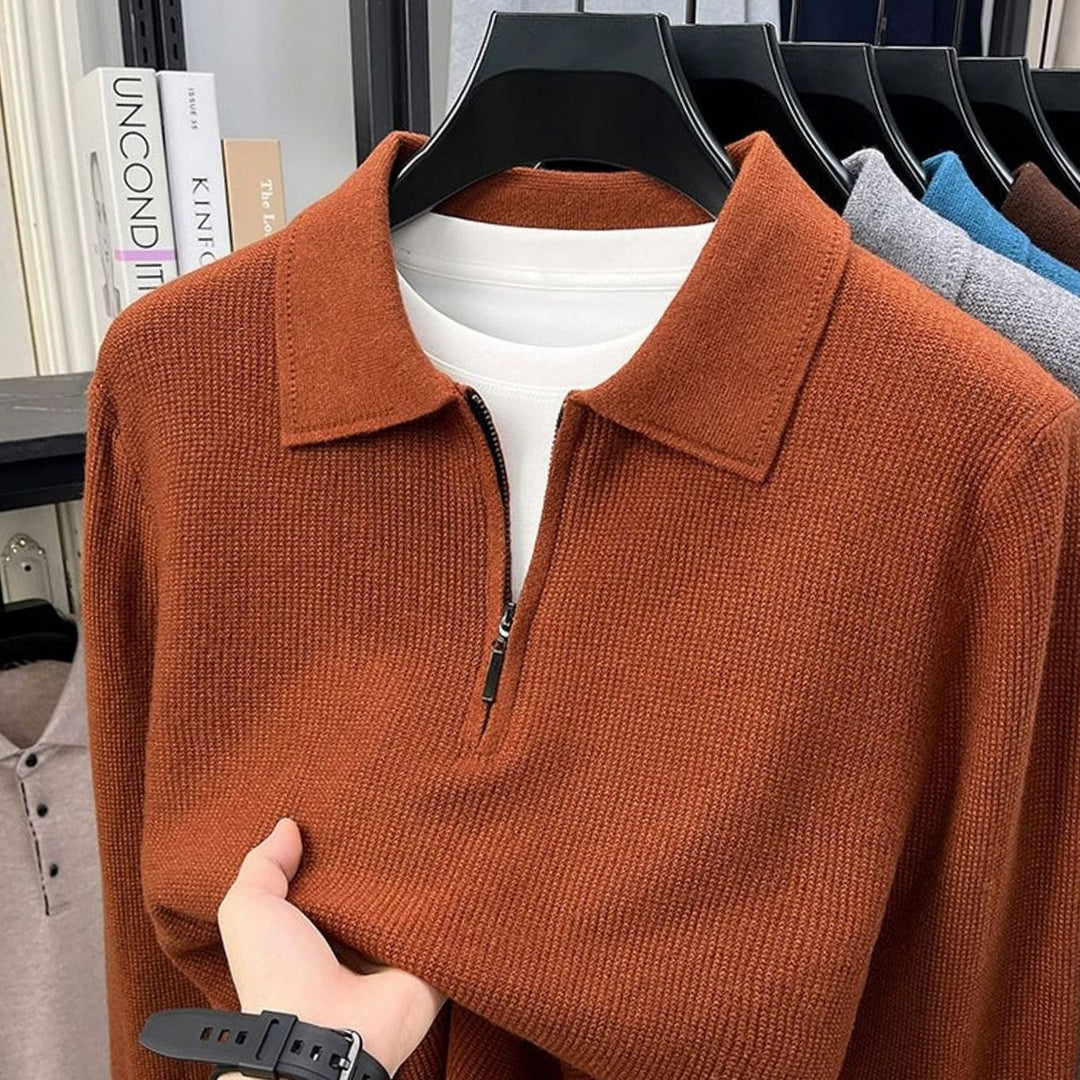 Men's Fine-Knit Quarter-Zip Polo Collar Sweater - Caramel