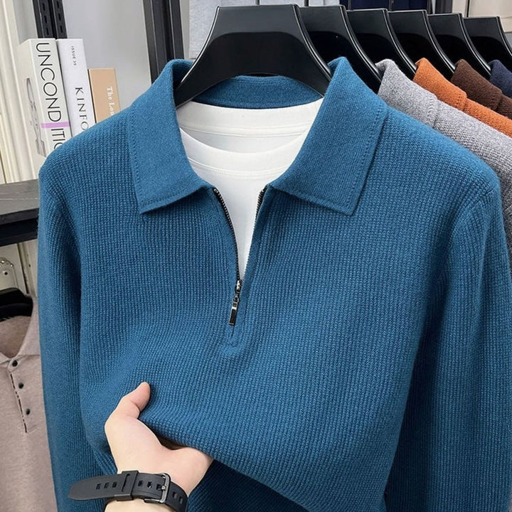 Men's Fine-Knit Quarter-Zip Polo Collar Sweater - Royal Blue