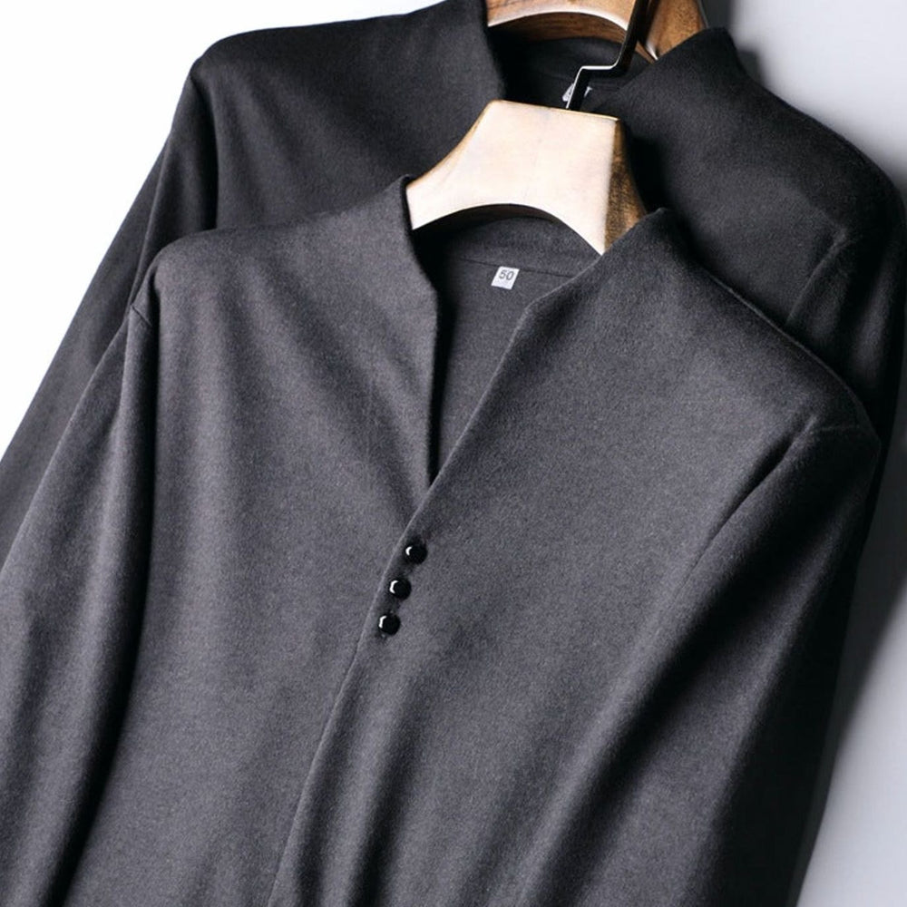 Men's Fine-Knit Stand-Collar Button-Placket Long Sleeve Shirt