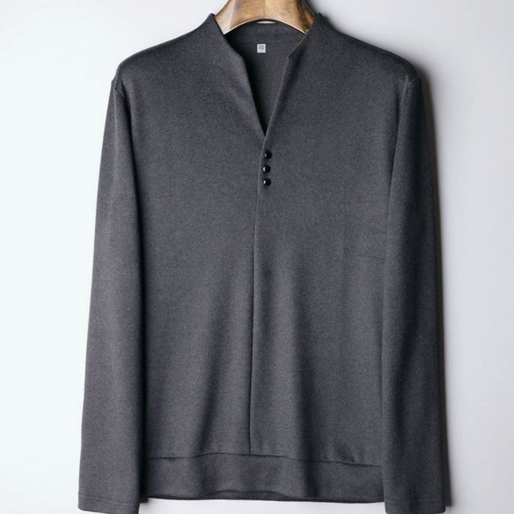 Men's Fine-Knit Stand-Collar Button-Placket Long Sleeve Shirt