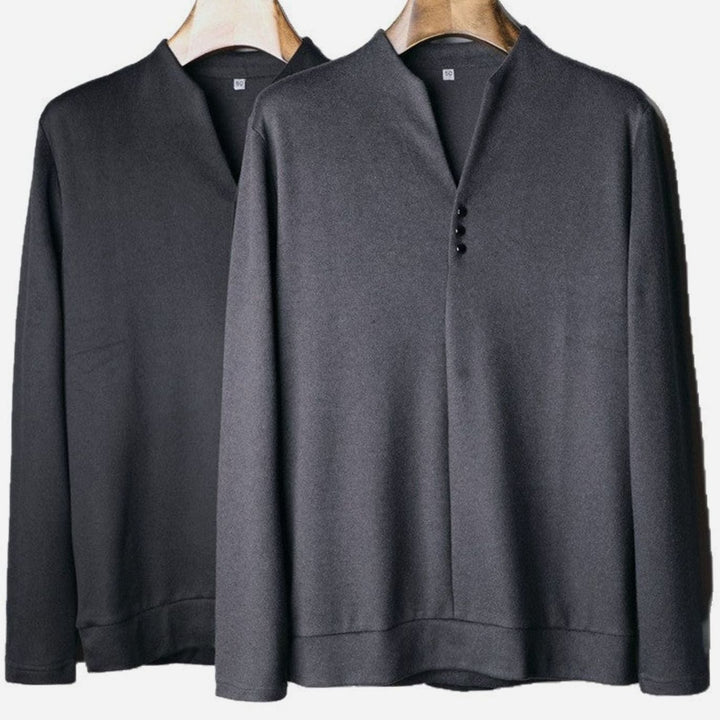 Men's Fine-Knit Stand-Collar Button-Placket Long Sleeve Shirt