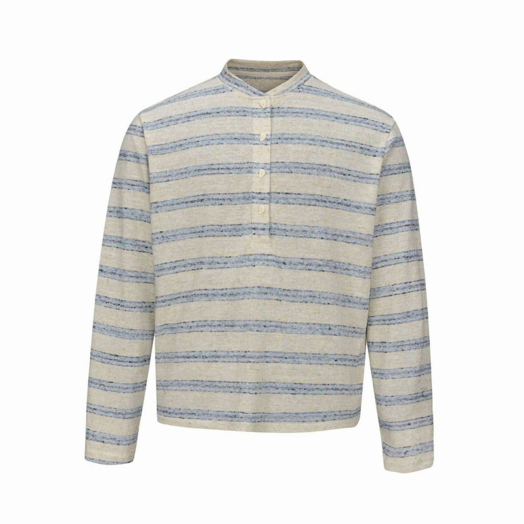 Men's Fine Knit Striped Long Sleeve Henley Shirt Stand-Up Collar