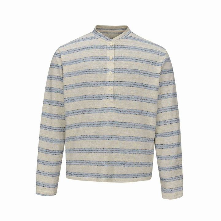 Men's Fine Knit Striped Long Sleeve Henley Shirt Stand-Up Collar