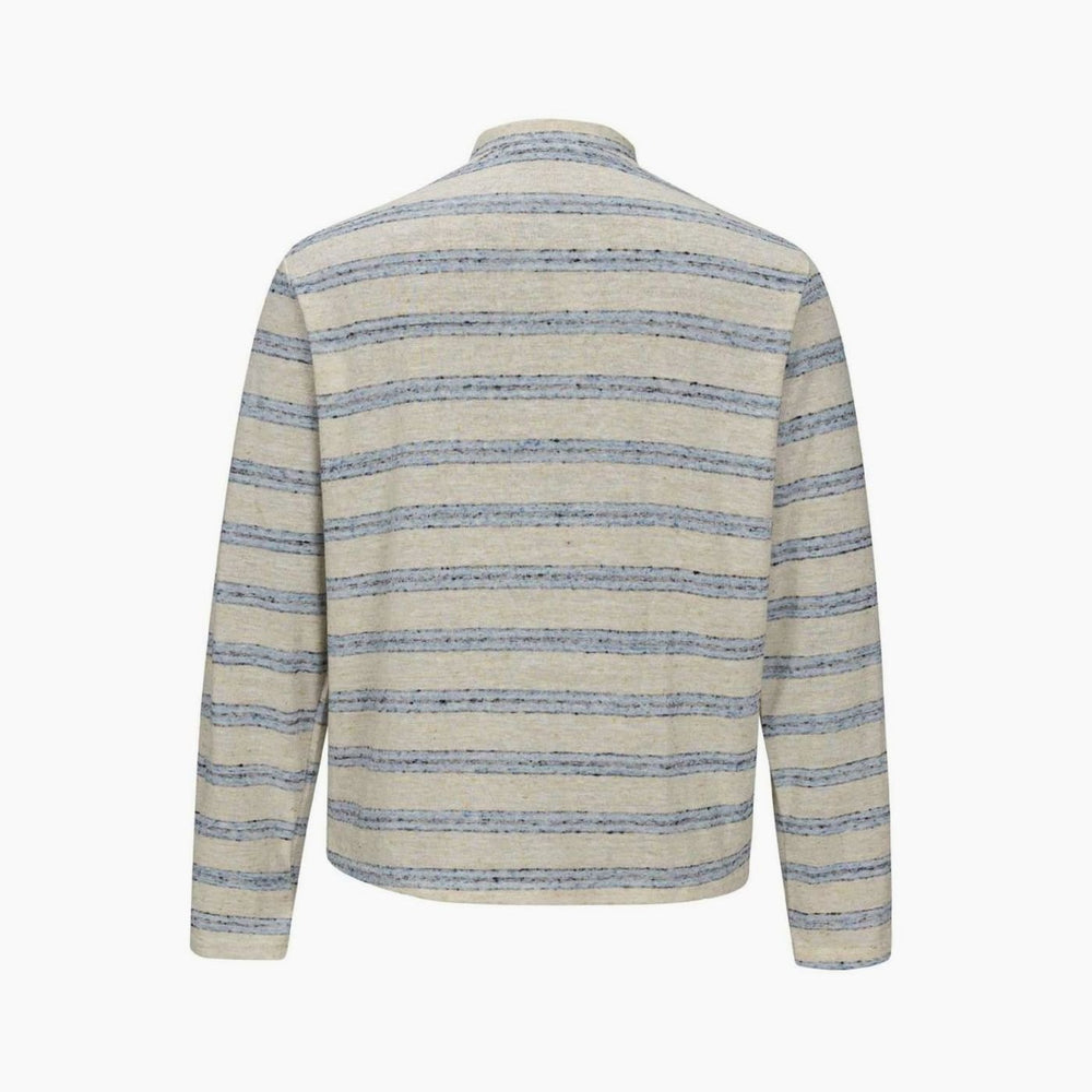 Men's Fine Knit Striped Long Sleeve Henley Shirt Stand-Up Collar