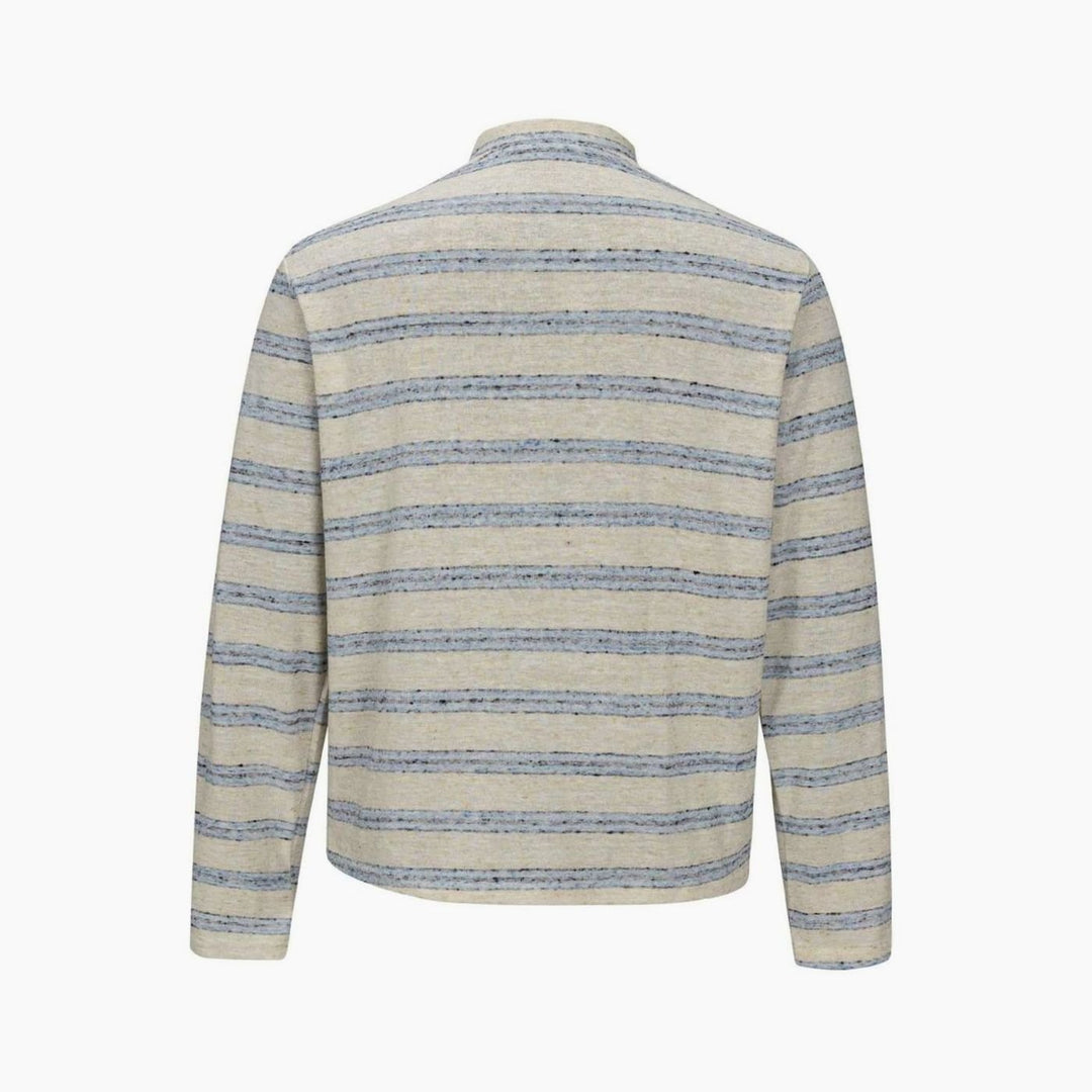 Men's Fine Knit Striped Long Sleeve Henley Shirt Stand-Up Collar