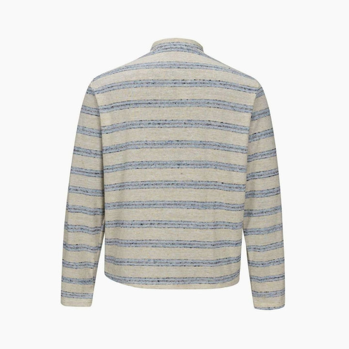 Men's Fine Knit Striped Long Sleeve Henley Shirt Stand-Up Collar