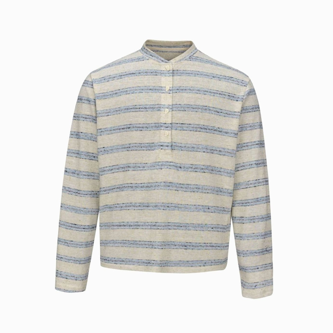 Men's Fine Knit Striped Long Sleeve Henley Shirt Stand-Up Collar