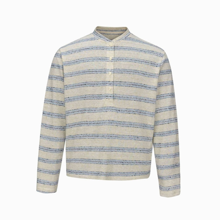 Men's Fine Knit Striped Long Sleeve Henley Shirt Stand-Up Collar