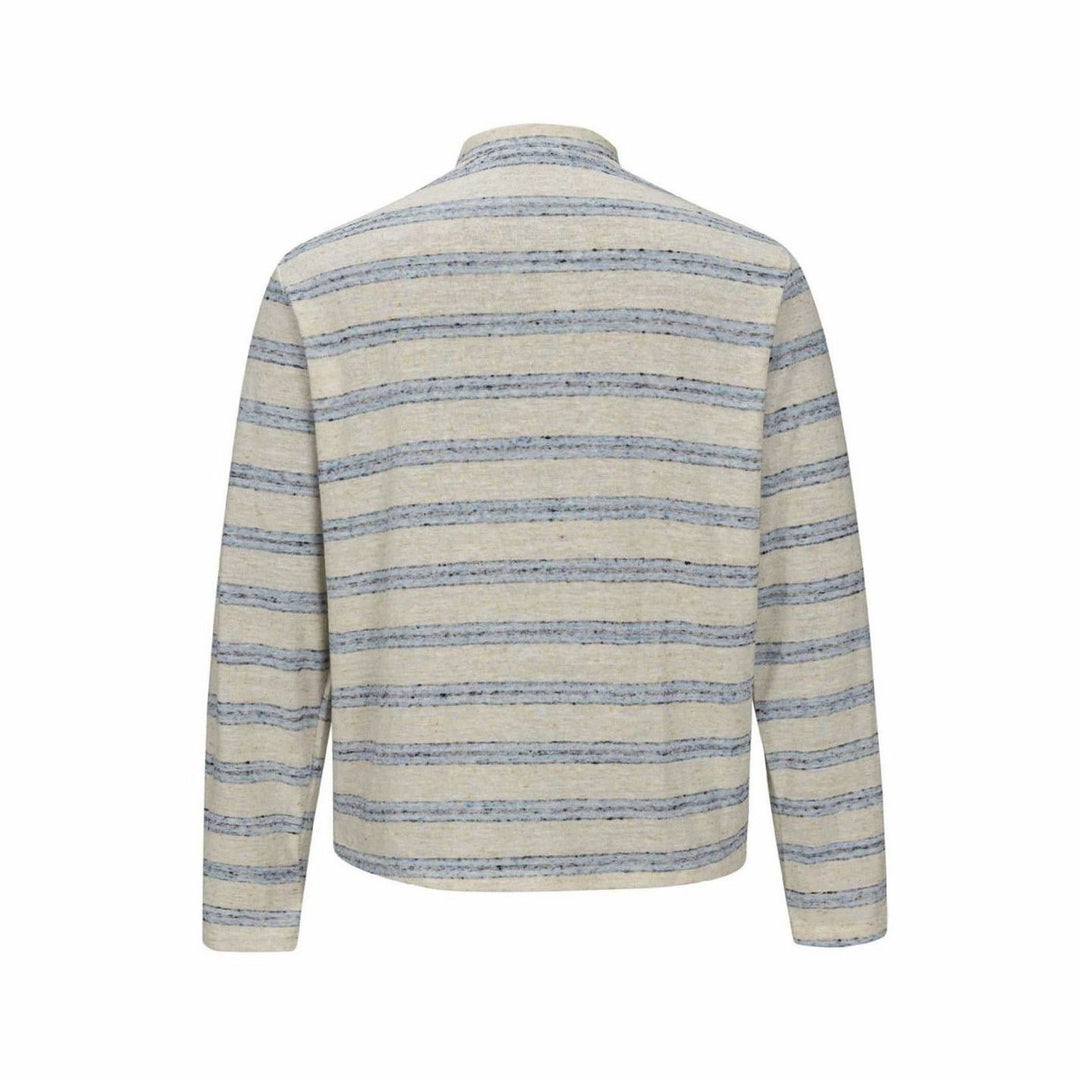 Men's Fine Knit Striped Long Sleeve Henley Shirt Stand-Up Collar
