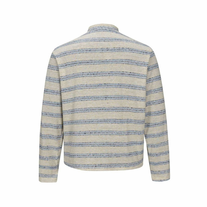 Men's Fine Knit Striped Long Sleeve Henley Shirt Stand-Up Collar