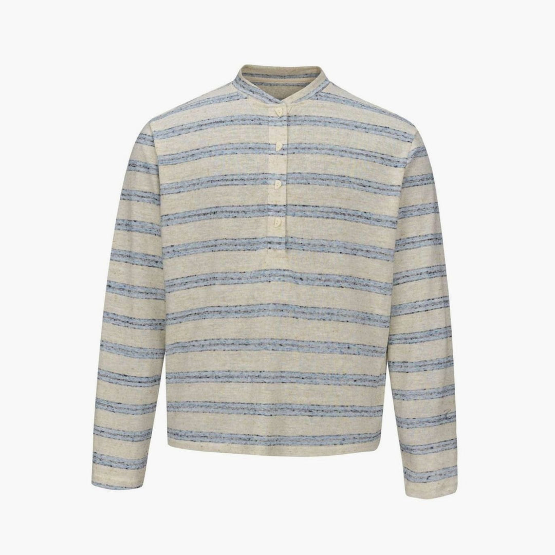 Men's Fine Knit Striped Long Sleeve Henley Shirt Stand-Up Collar