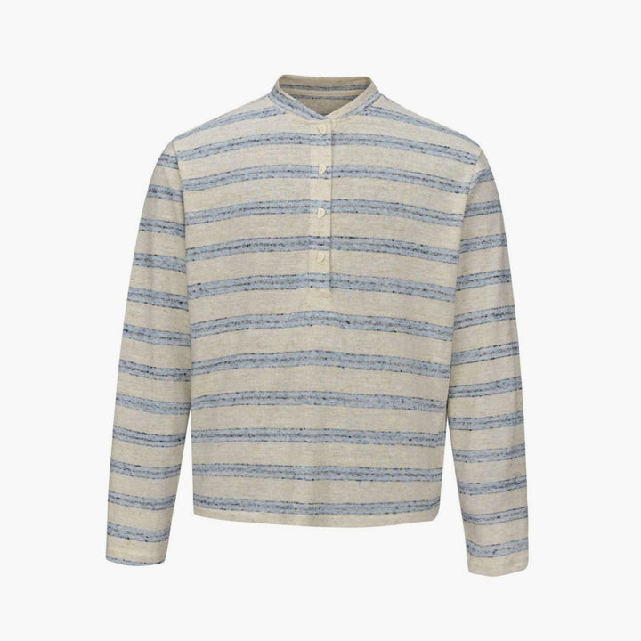 Men's Fine Knit Striped Long Sleeve Henley Shirt Stand-Up Collar