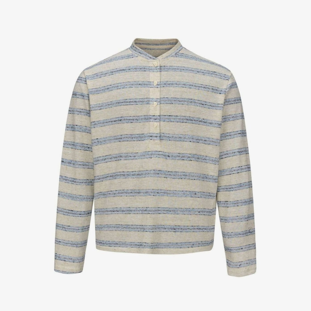 Men's Fine Knit Striped Long Sleeve Henley Shirt Stand-Up Collar - Light Yellow with Blue Stripes