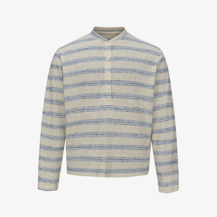 Men's Fine Knit Striped Long Sleeve Henley Shirt Stand-Up Collar - Light Yellow with Blue Stripes