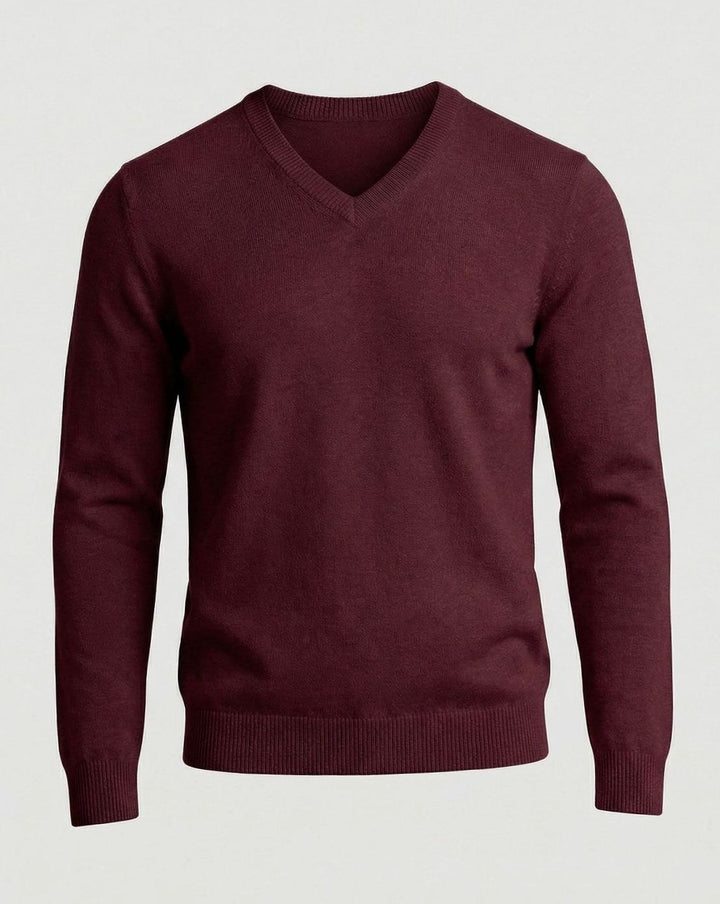 Men's Fine Knit V-Neck Cotton Blend Pullover Sweater - Burgundy