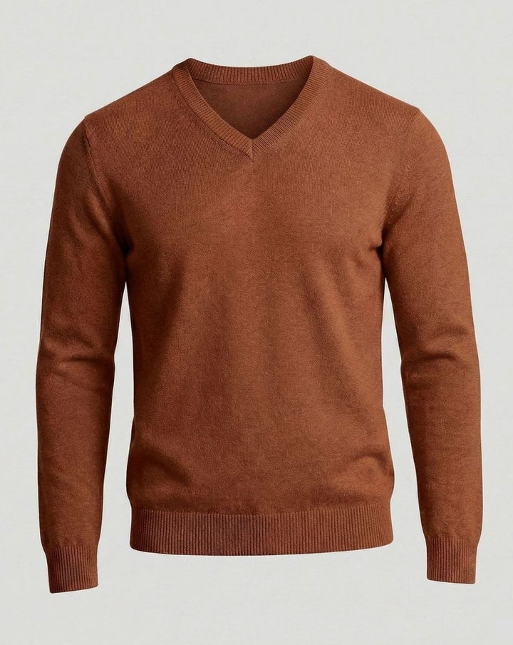 Men's Fine Knit V-Neck Cotton Blend Pullover Sweater - Caramel