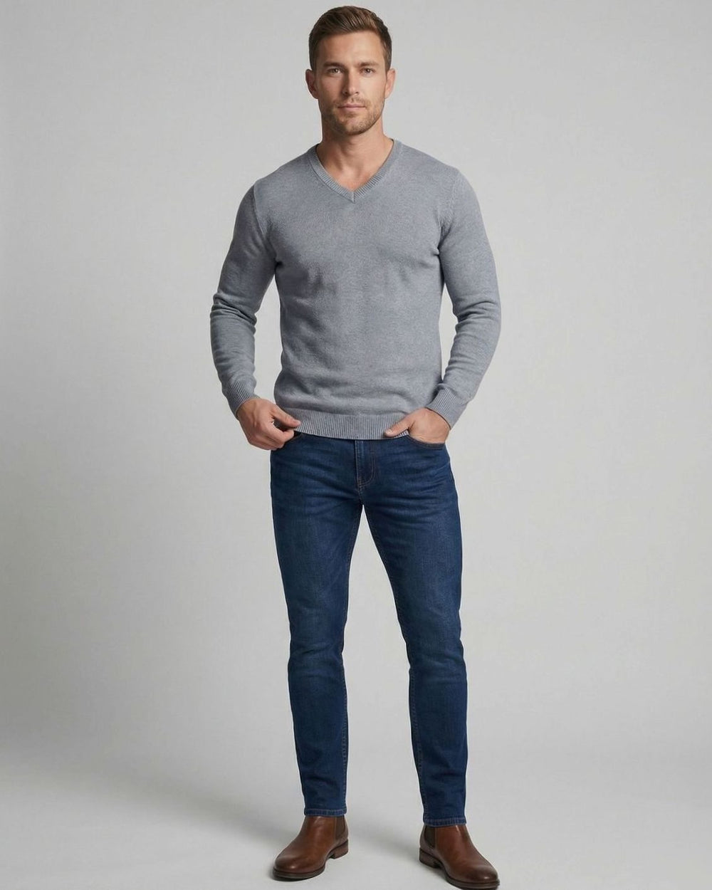 Men's Fine Knit V-Neck Cotton Blend Pullover Sweater