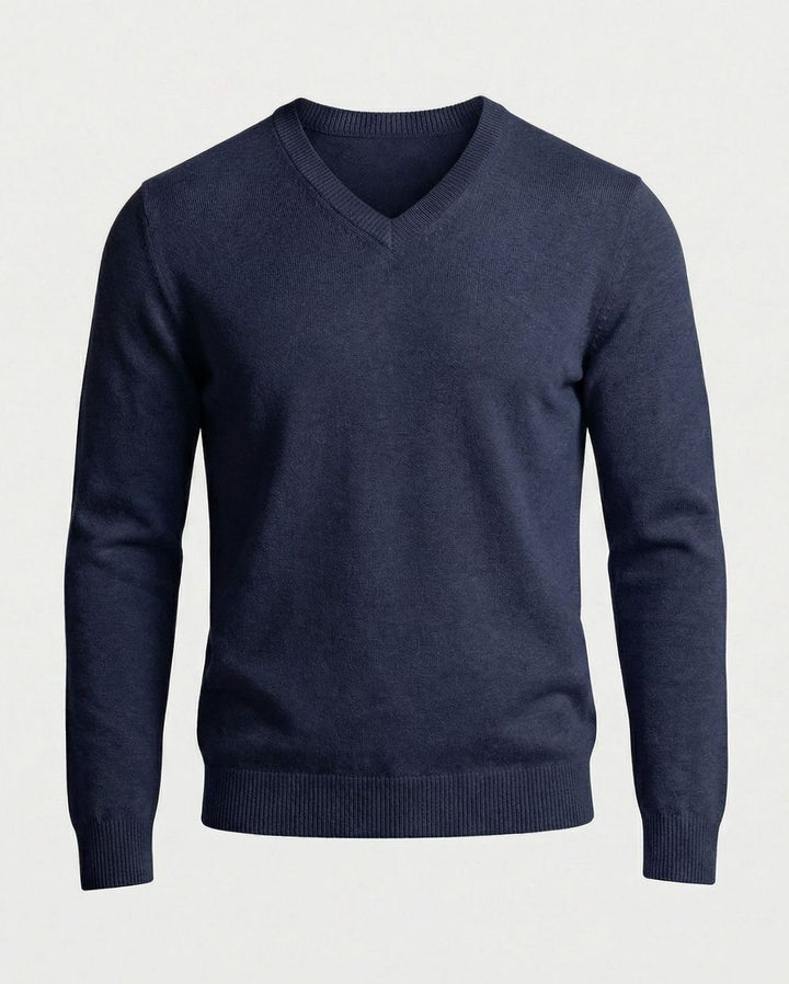 Men's Fine Knit V-Neck Cotton Blend Pullover Sweater - Dark Blue