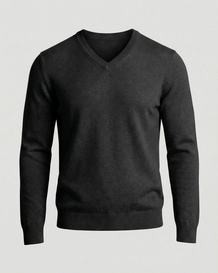 Men's Fine Knit V-Neck Cotton Blend Pullover Sweater - Black