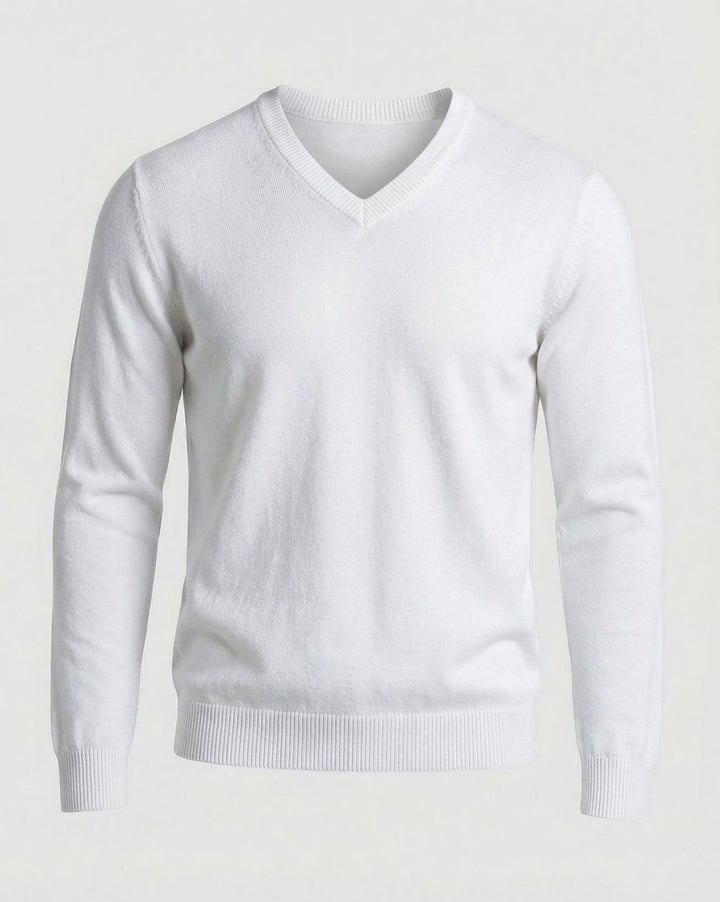 Men's Fine Knit V-Neck Cotton Blend Pullover Sweater - White