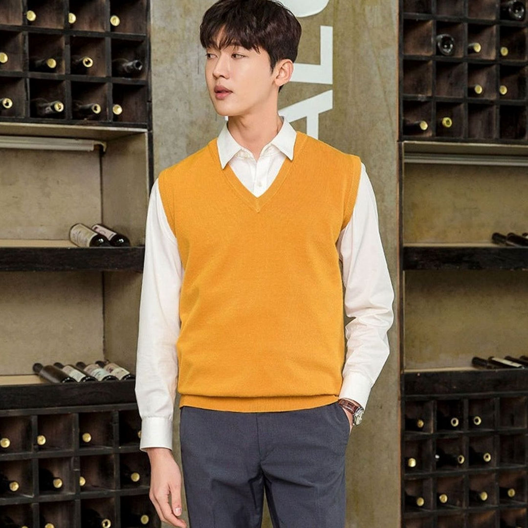 Men's Fine Knit V-Neck Sweater Vest Regular Fit Cotton Blend - Turmeric Yellow