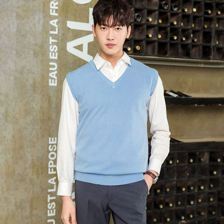 Men's Fine Knit V-Neck Sweater Vest Regular Fit Cotton Blend - Light Blue