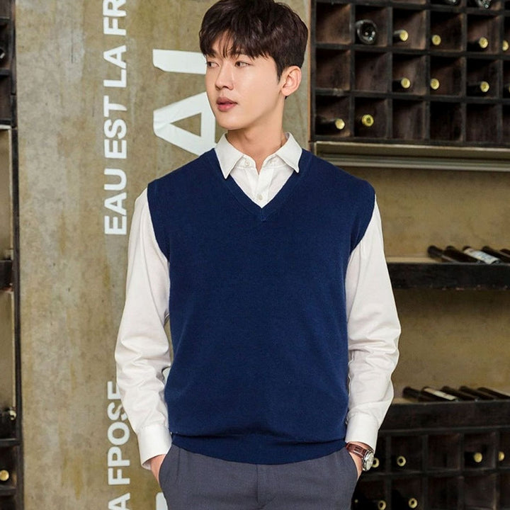 Men's Fine Knit V-Neck Sweater Vest Regular Fit Cotton Blend - Indigo Blue